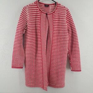 Talbots P Small | Red White Basket Weave Knit Open Merino Wool Cardigan Sweater